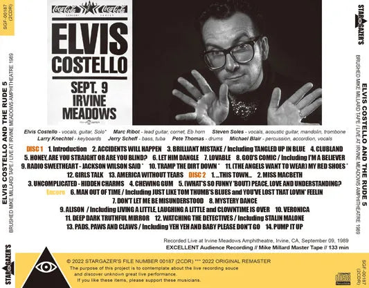 ELVIS COSTELLO & THE RUDE 5 / BRUSHED MIKE MILLARD TAPE IRVINE MEADOWS AMPHITHEATRE 1989 (2CDR)