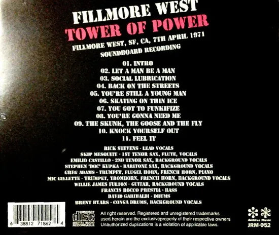 TOWER OF POWER / Fillmore West 1971 SOUNDBOARD (1CDR)