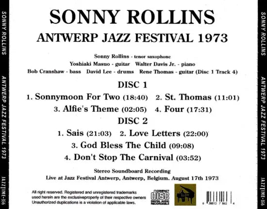 SONNY ROLLINS / ANTWERP JAZZ FESTIVAL 1973 STEREO SOUNDBOARD (2CDR)