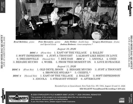 BRAD MEHLDAU QUARTET / LIVE AT JAZZCULTURAL 2026 SOUNDBOARD (4CDR)
