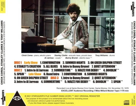 CHICK COREA, STANLEY CLARKE & TONY WILLIAMS / BRUSHED MIKE MILLARD TAPE SANTA MONICA 1978 (3CDR)