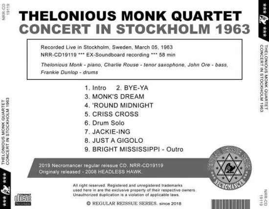 THELONIOUS MONK QUARTET / CONCERT IN STOCKHOLM 1963 (1CDR)