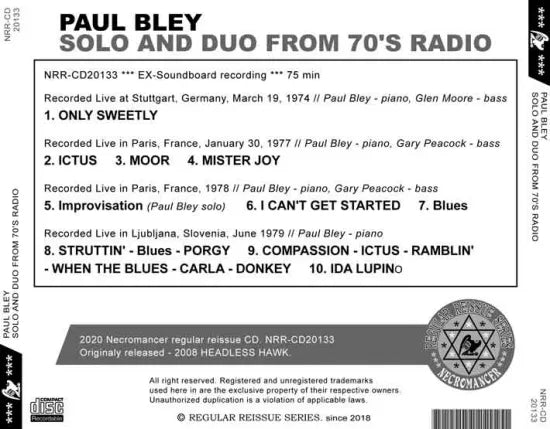 PAUL BLEY / SOLO AND DUO FROM 70'S RADIO (1CDR)