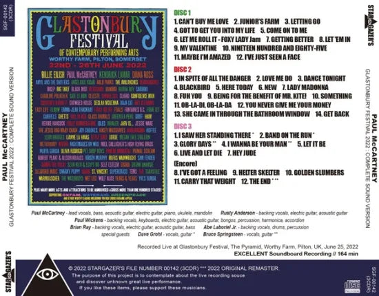 PAUL McCARTNEY / GLASTONBURY FESTIVAL 2022 COMPLETE SOUND VERSION (3CDR)