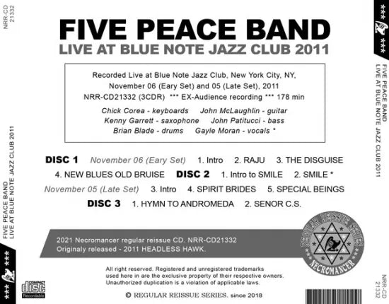 JOHN McLAUGHLIN FIVE PEACE BAND / LIVE AT BLUE NOTE JAZZ CLUB 2011 (3CDR)