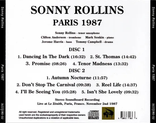 SONNY ROLLINS / PARIS 1987 STEREO SOUNDBOARD (2CDR)